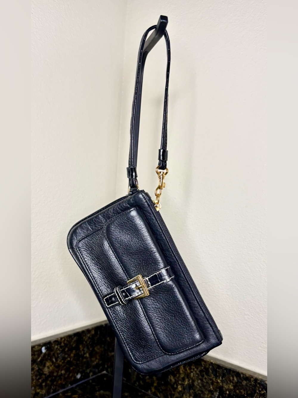 Black Leather Wristlet Clutch with Gold Buckle Accent